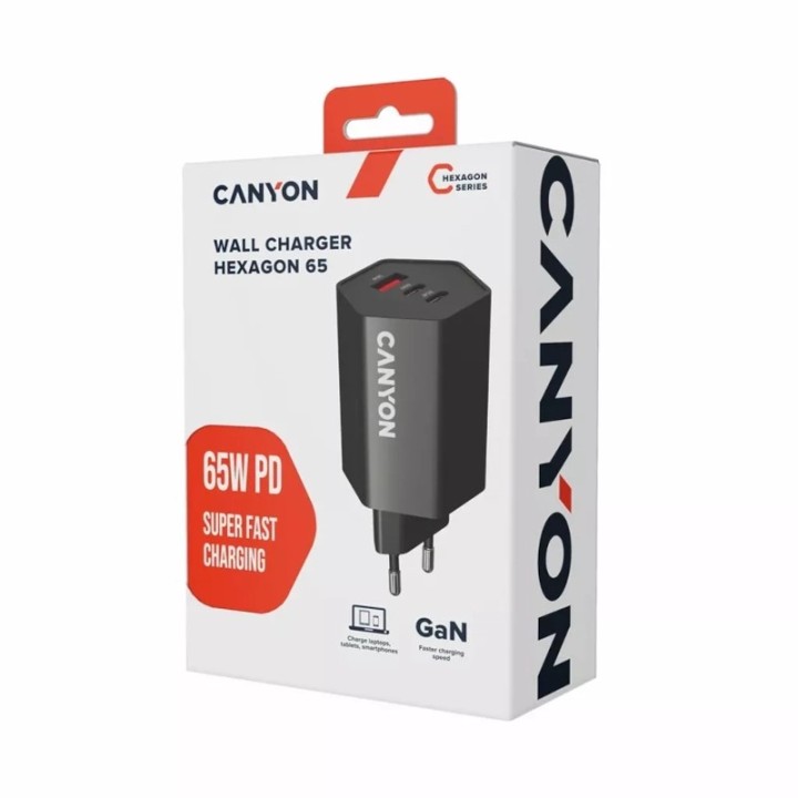 Canyon punjač HEXAGON 65W GaN 2x USB-C + 1x USB-A PD/QC crni CND-CHAHEX65B