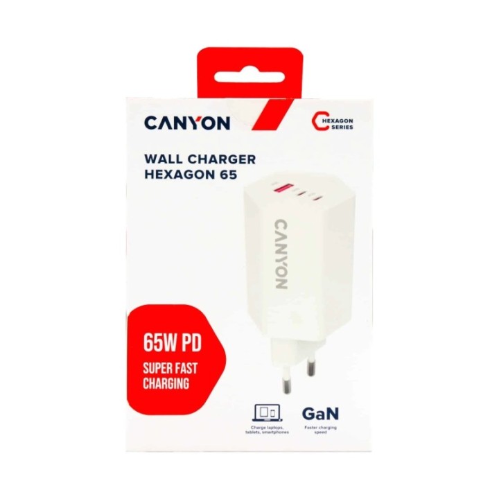 Canyon punjač HEXAGON 65W GaN 2x USB-C + 1x USB-A PD/QC bijeli CND-CHAHEX65W