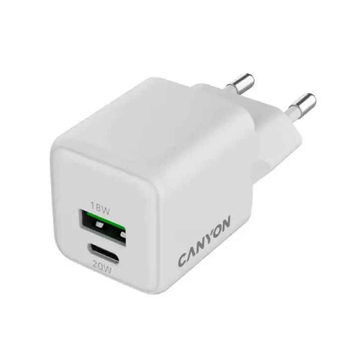 Canyon punjač CU20AC, 20W GaN, bijeli, 1x USB-C PD, 1x USB-A QC