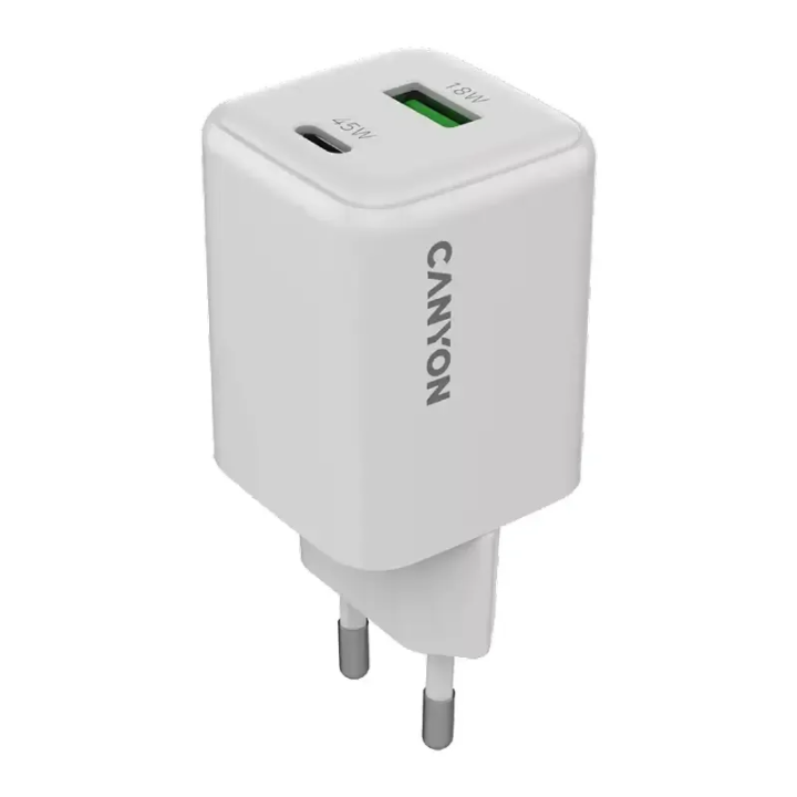 Canyon punjač CU45AC, 45W GaN, bijeli, 1x USB-C PD, 1x USB-A QC CNS-CUW45AC